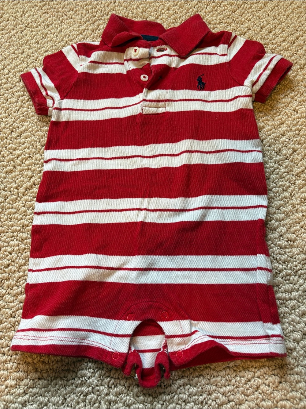 Ralph Lauren Red and White Striped Polo One-Piece for Baby 12M